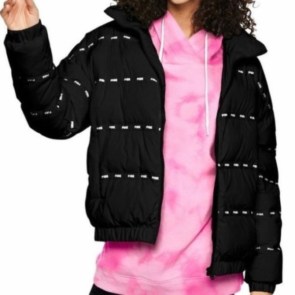 Victoria's Secret PINK Down Puffer Coat Winter Logo Black Zip Jacket Coat XS - Picture 1 of 8